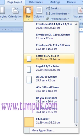 toolbar page size ms word